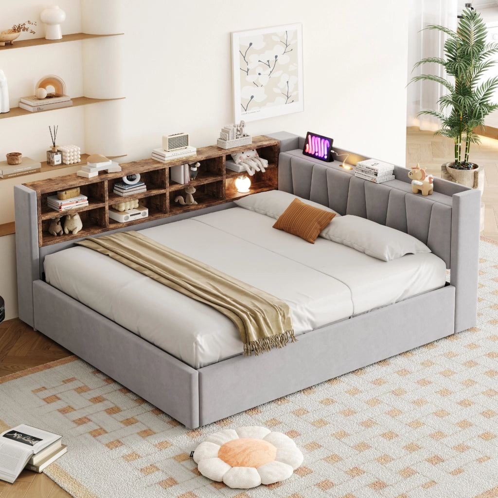 Letto imbottito 140x200 cm grigio chiaro in velluto con contenitore idraulico