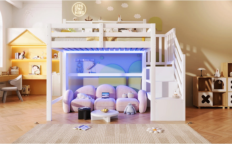 LETTO A CASTELLO ALTO 90x200 cm con LED, pino e MDF bianco