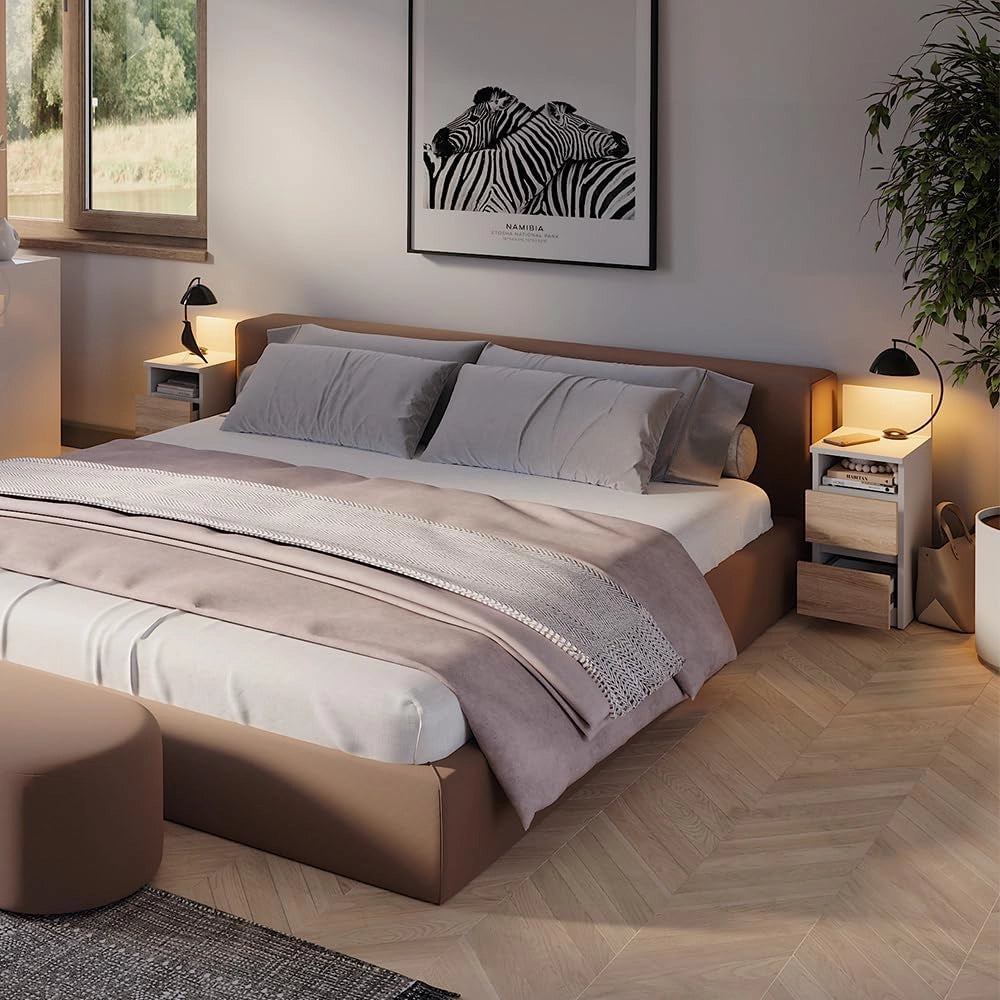Comodino camera da letto Monty, Bianco/Sonoma, 25 x 59.1 cm con 2 cassetti