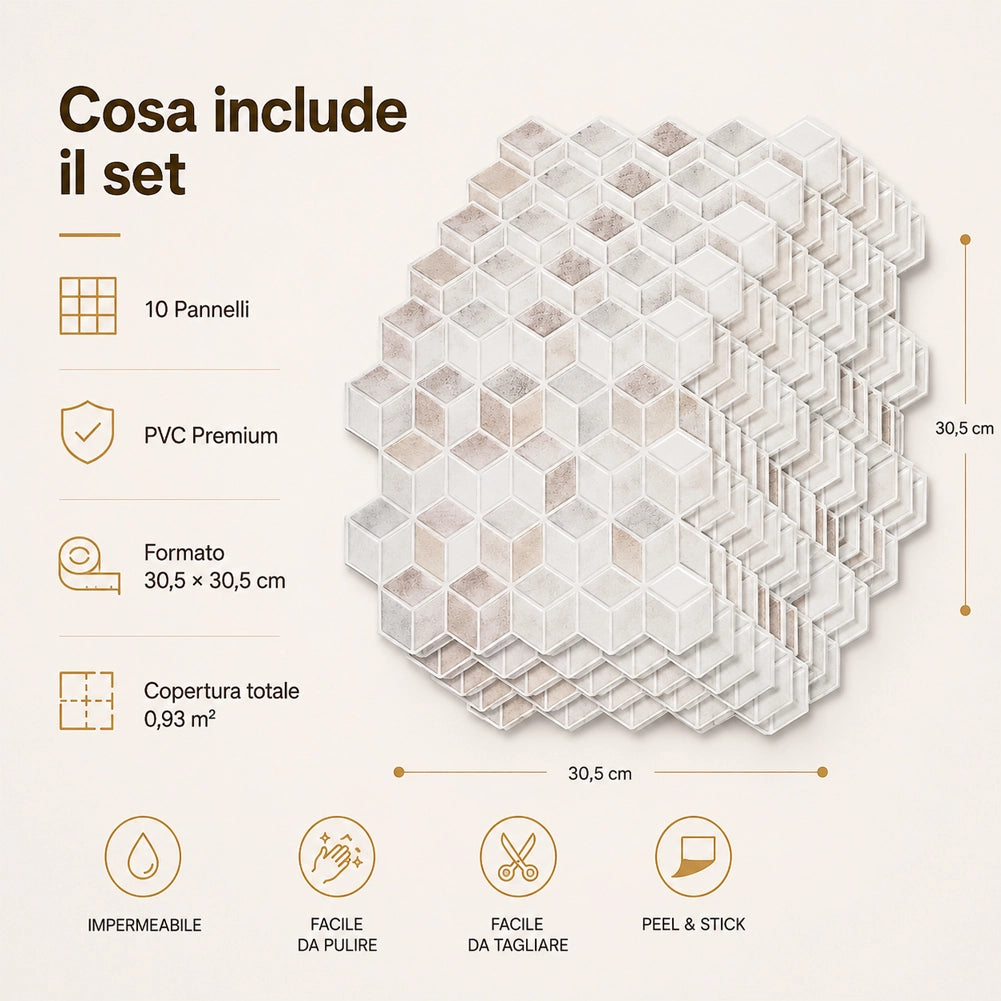 Set 10 Pannelli Adesivi Piastrelle per Muro Parete 30.5cm Decorazione Geometrica