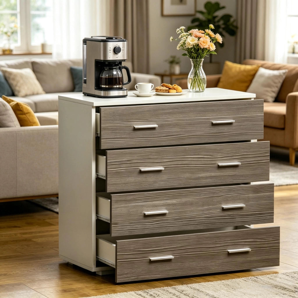Cassettiera con 4 cassetti in truciolare e metallo per camera da letto, soggiorno e ufficio, grigio bianco 76 × 35 × 72 cm