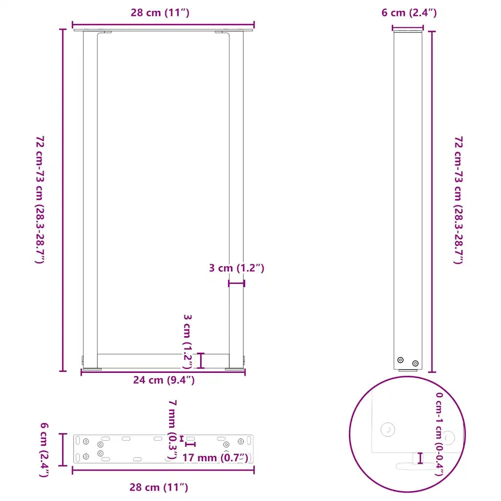 Gambe per tavolo consolle a forma di U 2 pz in acciaio naturale 28x(72-73) cm 4013171