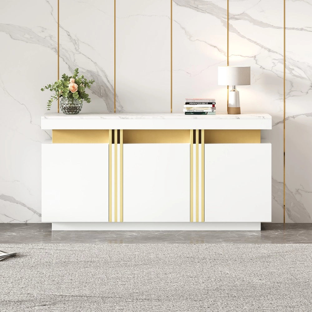Credenza Moderna con 3 Ante ¨C MINIMAL ¨C Bianco, Ripiani Regolabili, 140x38x70