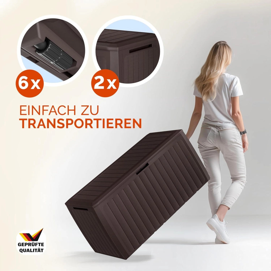 ® Baule da Giardino 117x47x60cm Aspetto Legno 290L Box Multiuso Multibox Cuscini 6 Ruote Coperchio Esterno