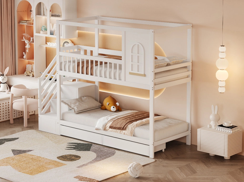 Letto a castello 90x200 cm con scala di sicurezza e cassetti in legno bianco