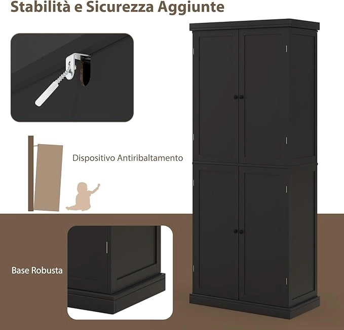 Credenza da Cucina, Mobile da Cucina Moderno con 6 Ripiani, 2 Ripiani Regolabili, per Cucina, Sala da Pranzo e Soggiorno, 76 x 40 x 184,5 cm (Nero)