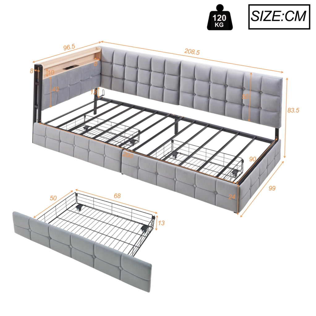 Divano letto imbottito grigio 90 x 200 cm con LED, cassetti e porte USB