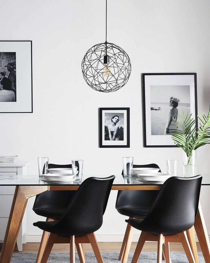 Lampadario in Filo color Nero con Paralume Tondo Aperto in Metallo stile industriale soggiorno
