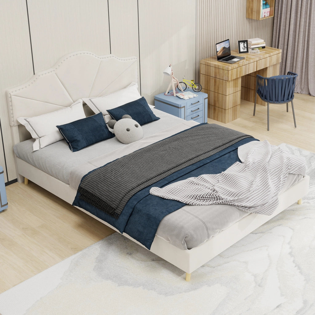 Letto Matrimoniale 140x200 cm con Testiera Imbottita e Rete a Doghe in Tessuto Beige