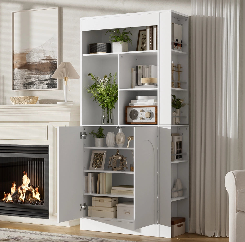 Mobile alto ULEVR 85x35x180 cm con 2 ante, ripiani aperti e ripiani laterali, bianco