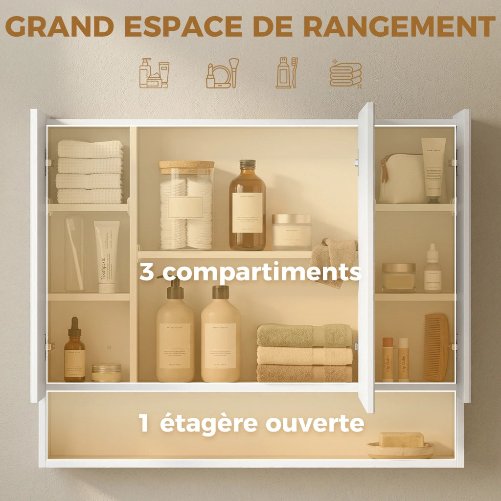 Armadio Bagno con Specchio 3 Ante ¨C zephmum ¨C Bianco 90x15x75