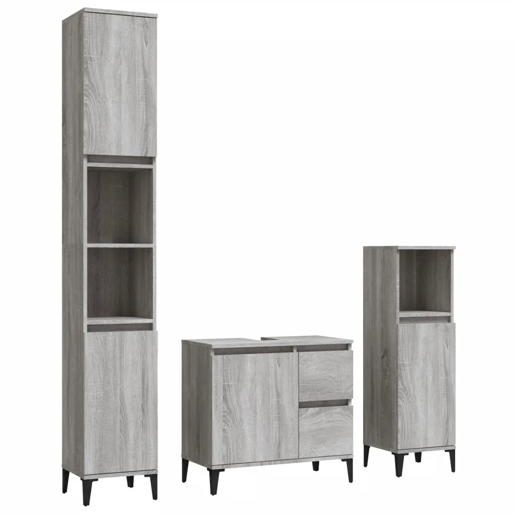 Set Mobili da Bagno | Armadio da bagno 3 pz Grigio Sonoma in Legno Multistrato