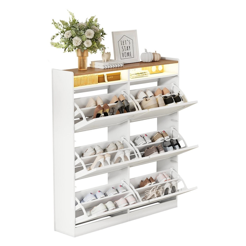 Scarpiera con Ante a Ribalta e LED ¨C MINIMAL ¨C Bianco/Rovere, 6 Scomparti, 120x130x24 cm