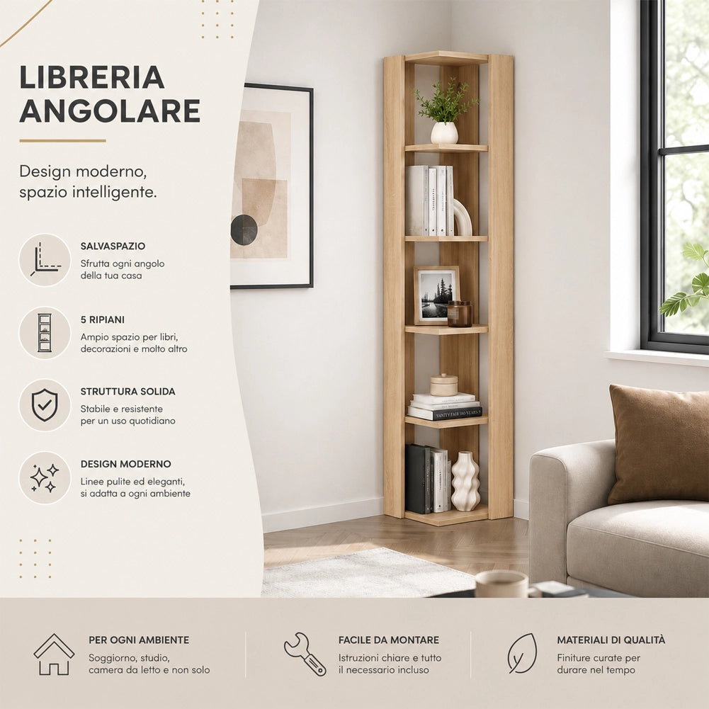 Libreria Angolare 5 Ripiani in Legno Quercia Scaffale Salvaspazio 34x34x161cm