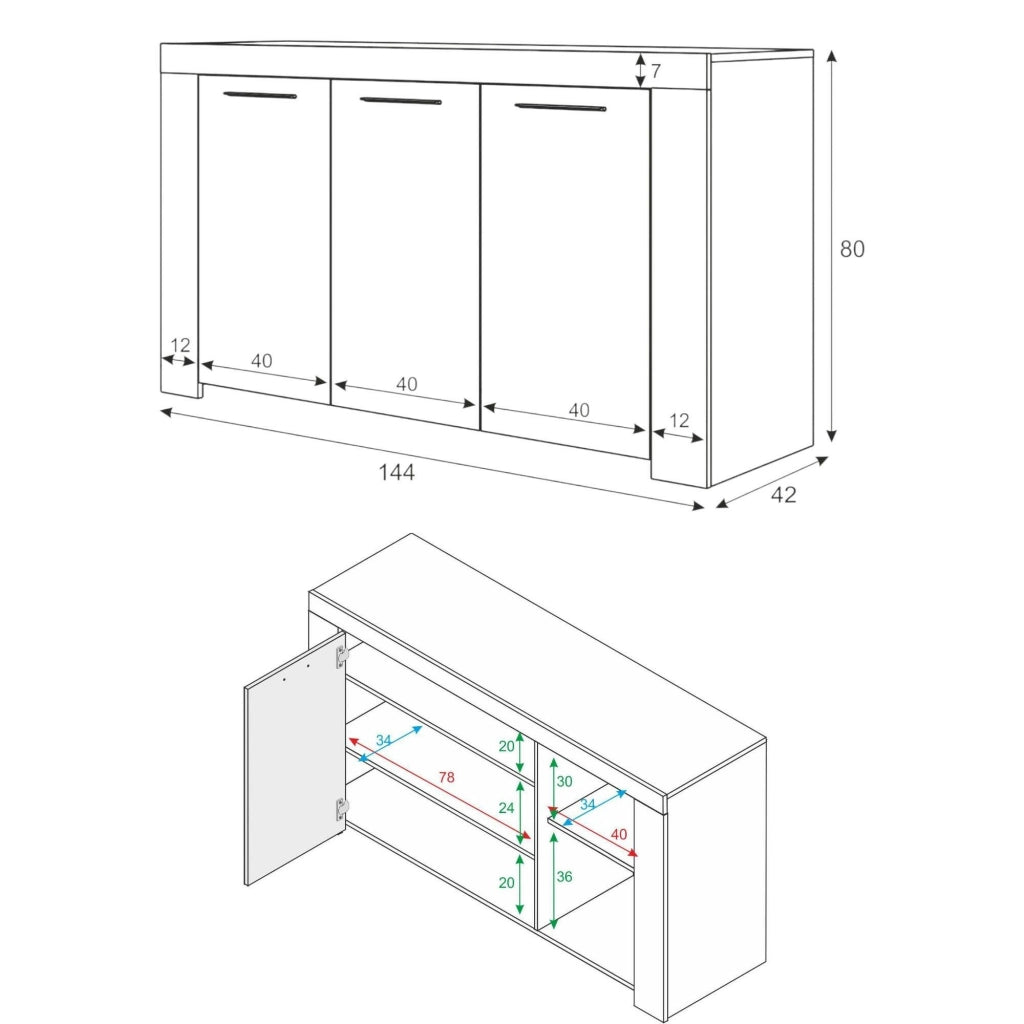 Credenza Amaculi, Madia moderna a 3 ante, Buffet da soggiorno, Mobile porta TV, Madia per salotto, cm 144x42h80, Bianco
