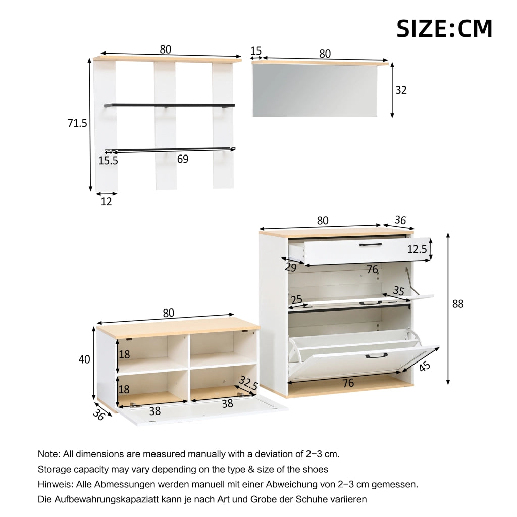 Mobili da ingresso modulari con scarpiera a ribalta, cassetto, specchio e appendiabiti per ingresso 156 × 36 × 176 cm