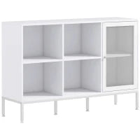 Mobile Buffet con 4 Ripiani Aperti e Armadietto, in Truciolato e Acciaio, 120x37x81.5 cm, Bianco
