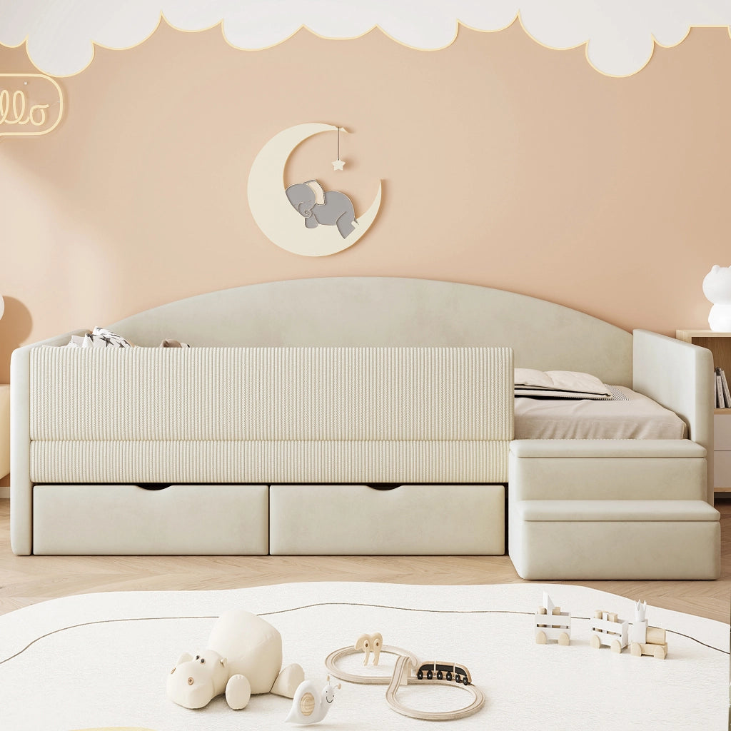 Letto per bambini 90 × 190 cm con 2 cassetti, sponde di sicurezza et scalini, senza materasso, beige
