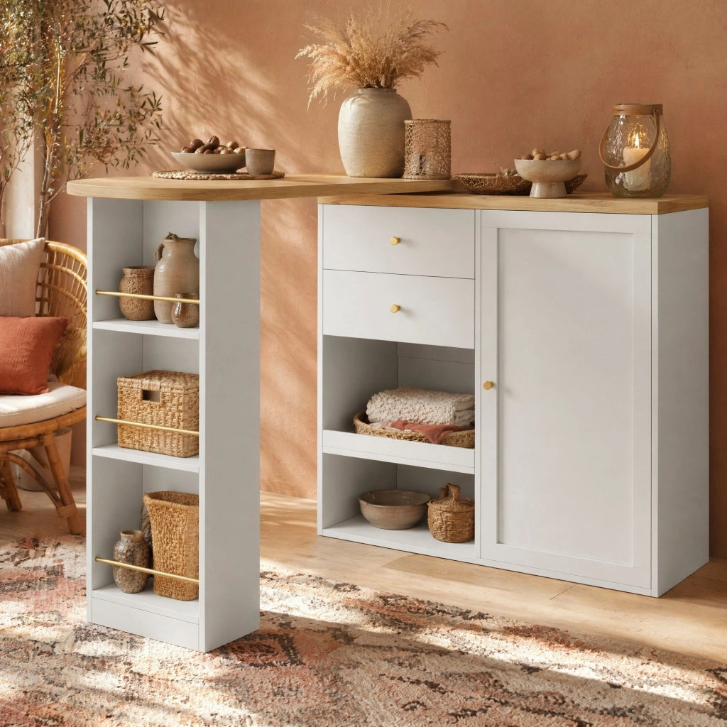 Mobile Contenitore con 4 Cassetti e 3 Ripiani Aperti Girevoli per Soggiorno Studio Sala da Pranzo in MDF Bianco
