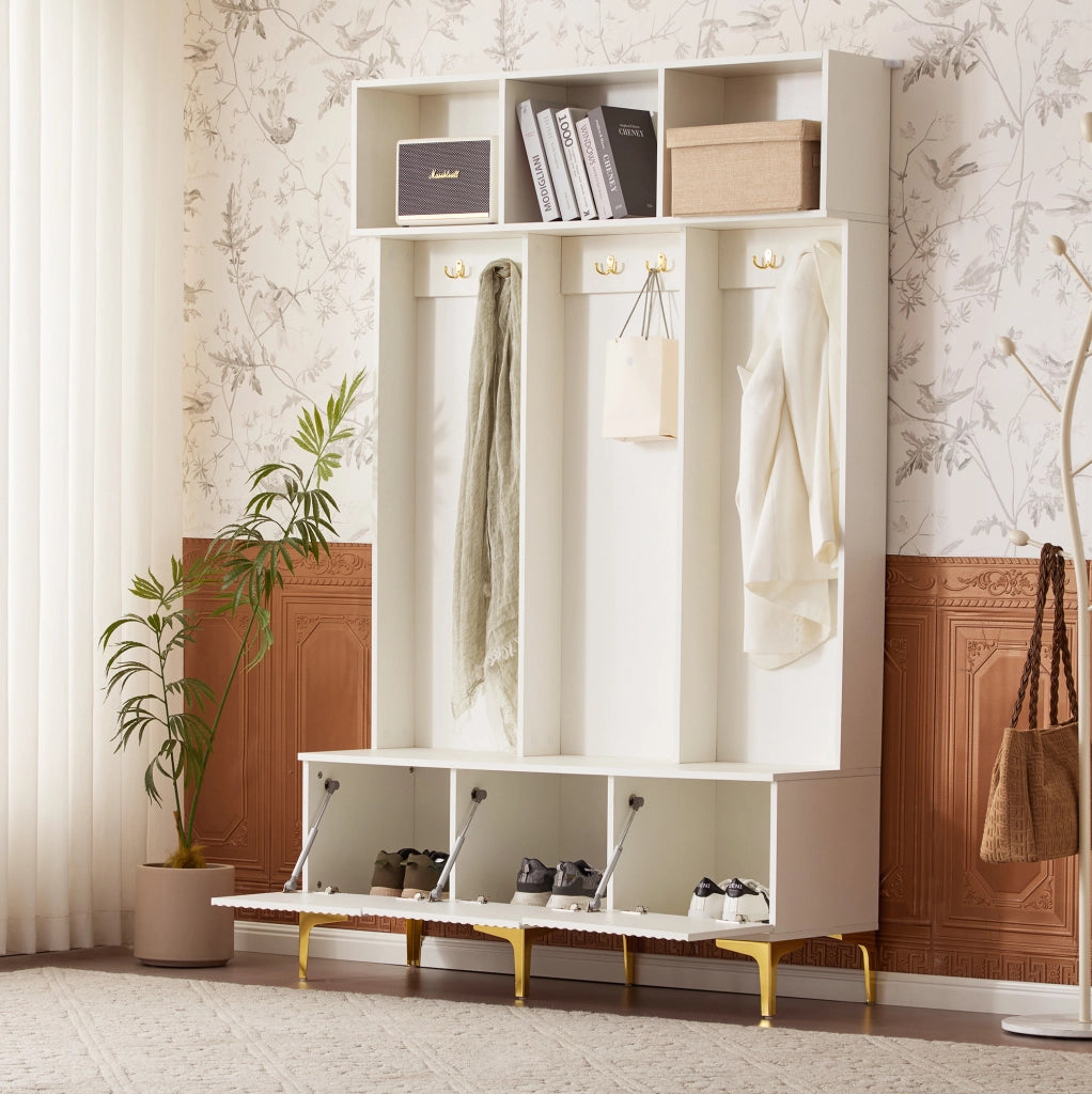 Mobile ingresso multifunzione con panca 120x23;5x191;5 cm in pannello truciolare bianco e metallo