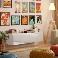 Mobile TV Sospeso per Televisori da 45"-55"-65" con 2 Armadietti e Ante a Ribalta, 140x33x29.8 cm, Bianco