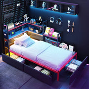 Letto a piattaforma in metallo gaming - Zephmum - Con LED, USB e 3 cassetti