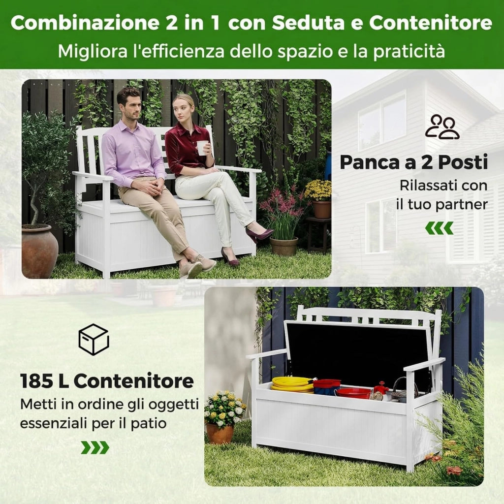 Panchina da Giardino con Contenitore di Legno, Cassapanca da Esterno 2 Posti con Schienale e Braccioli, Panca per Cortile e Ingresso, 123 x 68,5 x 96 cm (Bianco)