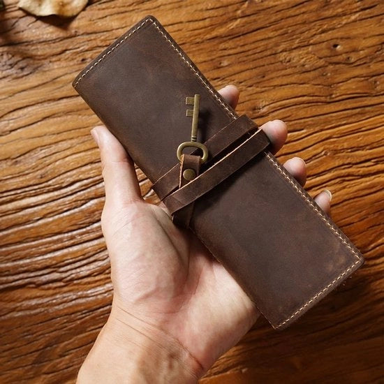 Organizzatore a rulli in pelle - Grande capacità - Manufatto artigianale - Finitura unica - Stile vintage lussuoso - Ideale per studenti e artisti - Penneteca