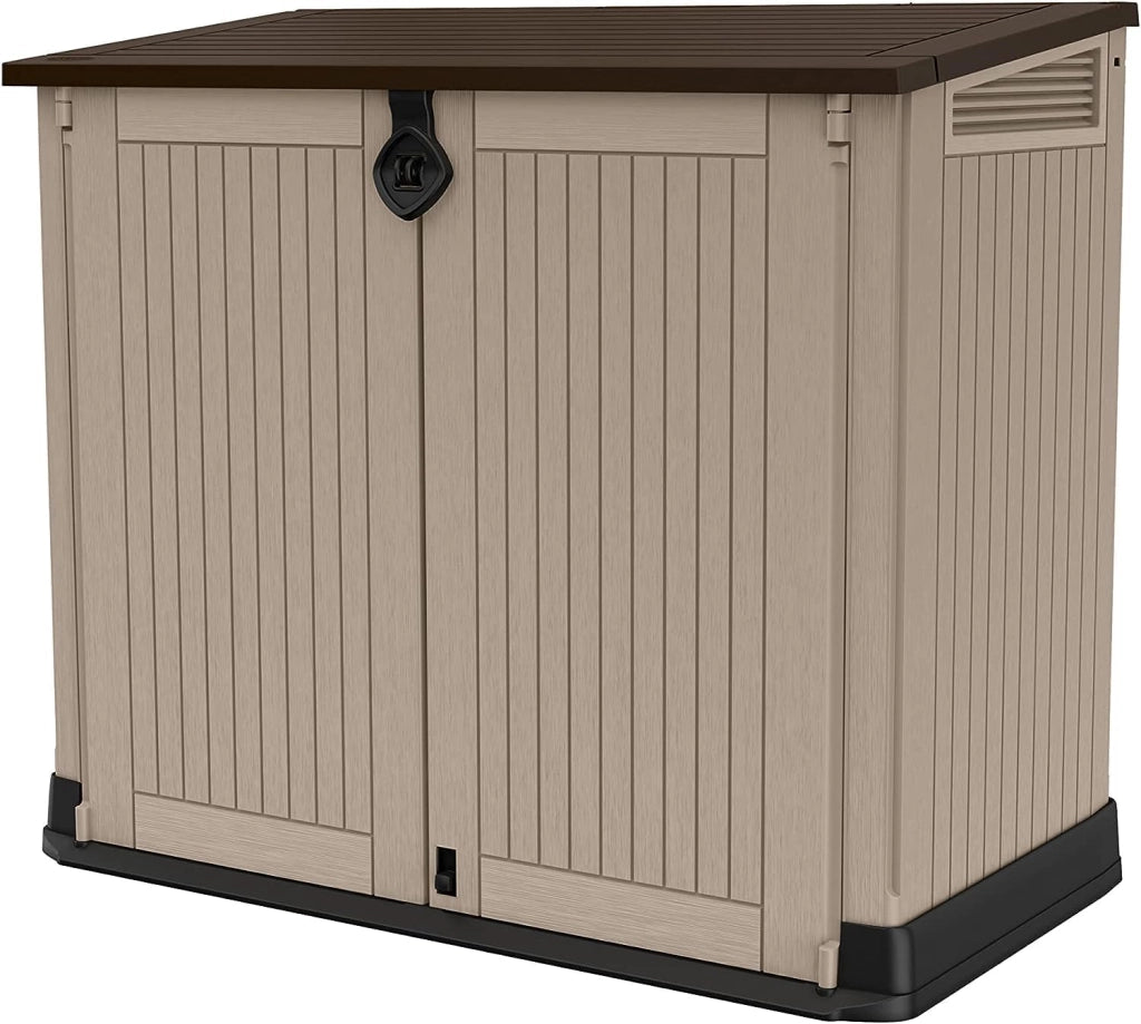 Baule porta attrezzi da esterno in resina effetto legno con doppia anta Store It Out Midi beige marrone Keter