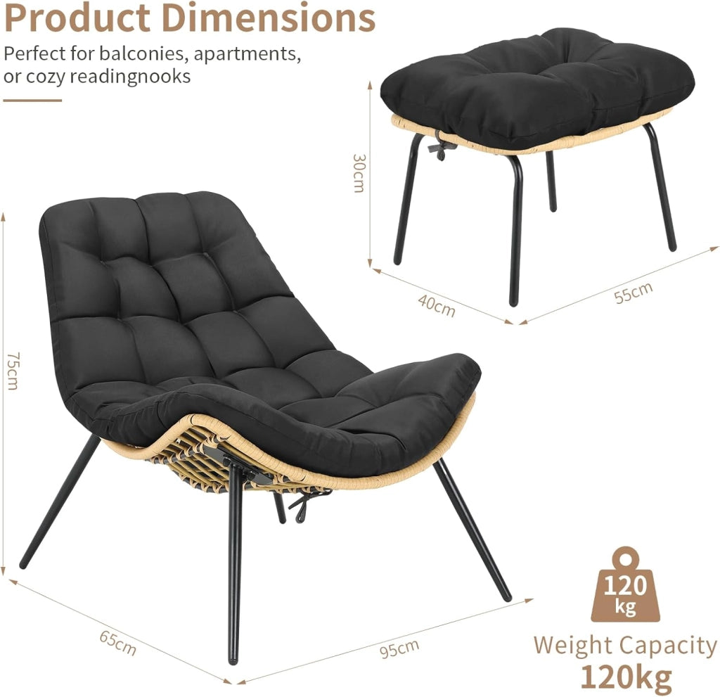 Sedia a sdraio con sgabello, in rattan, resistente alle intemperie, fino a 120 kg, poltrona da balcone con cuscino rimovibile, cuscino impermeabile, per giardino, balcone, soggiorno, cortile