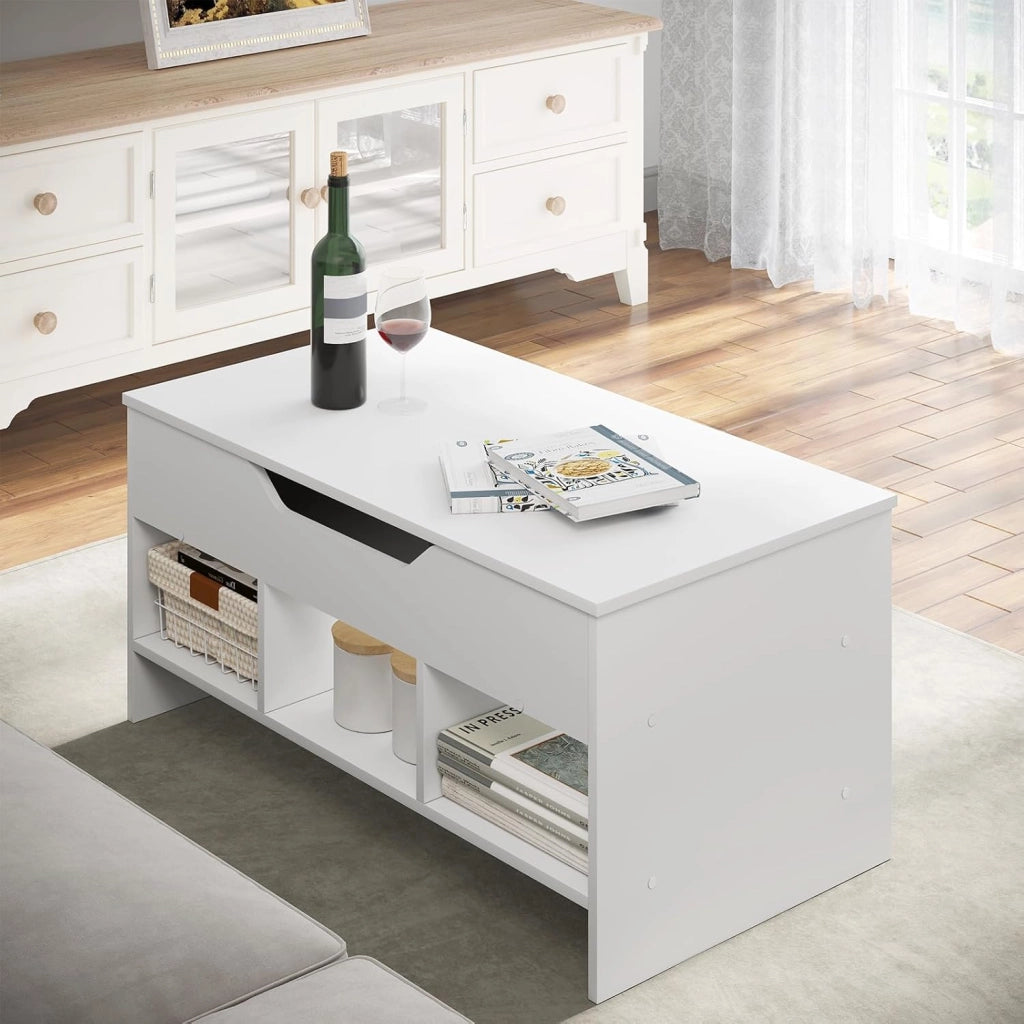 Tavolino da Caffè Sollevabile dall'Alto, tavolino Salotto con 1 Scomparto Nascosto e 3 Scomparti Aperti, 96x51x45cm, in Legno Ingegnerizzato, BTS19ws