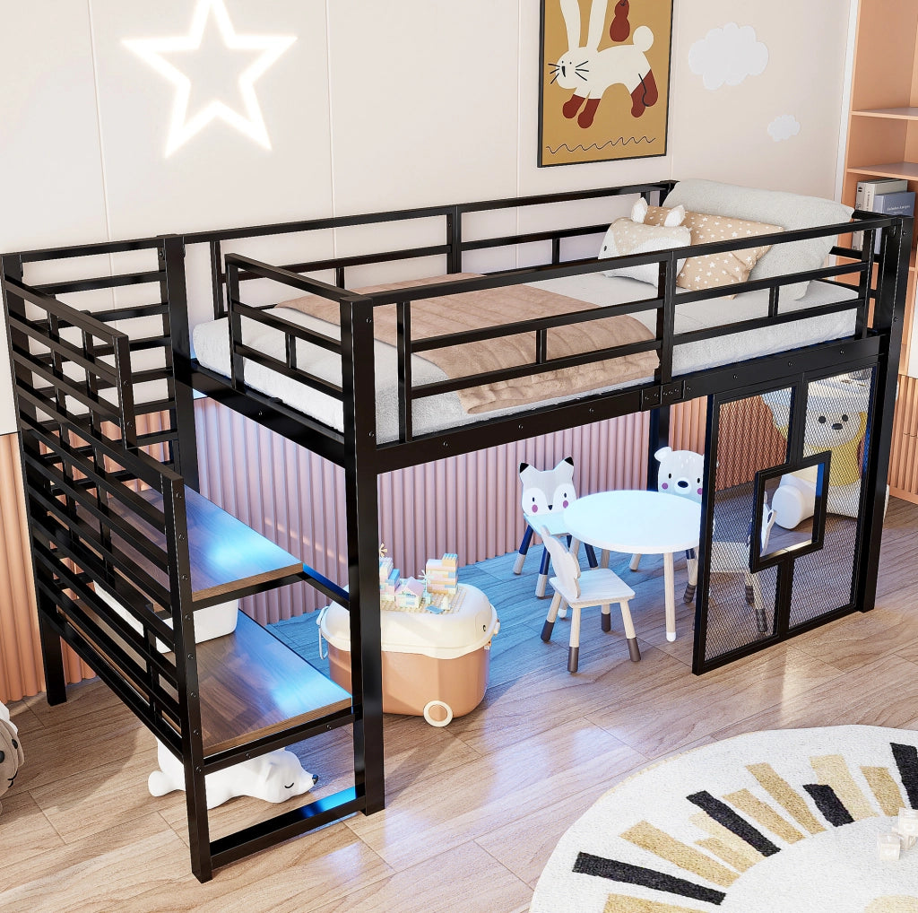 Letto a soppalco 90x200 cm in metallo con scala e LED