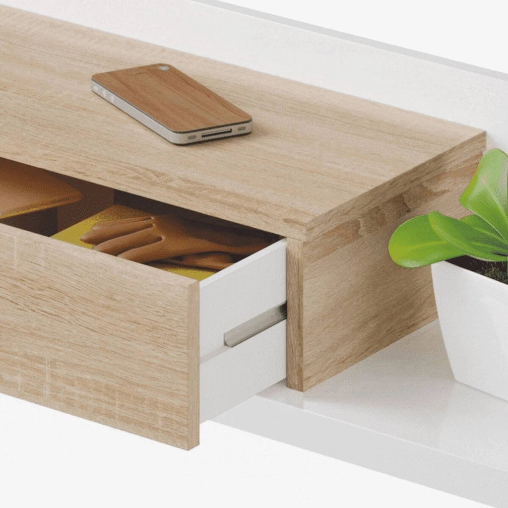 Mobile da ingresso Anro, Entratina sospesa con specchio, Mobile con cassetto per entrata, cm 75x29h90, Bianco lucido e Noce