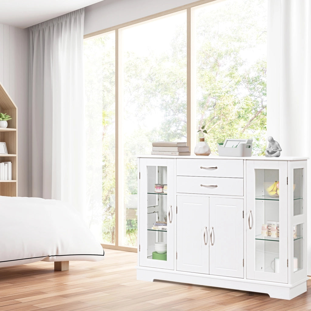 Armadietto di legno con ante in vetro temperato e cassetti-Buffet-Credenza per cucina e salone 107x30x82cm Bianco