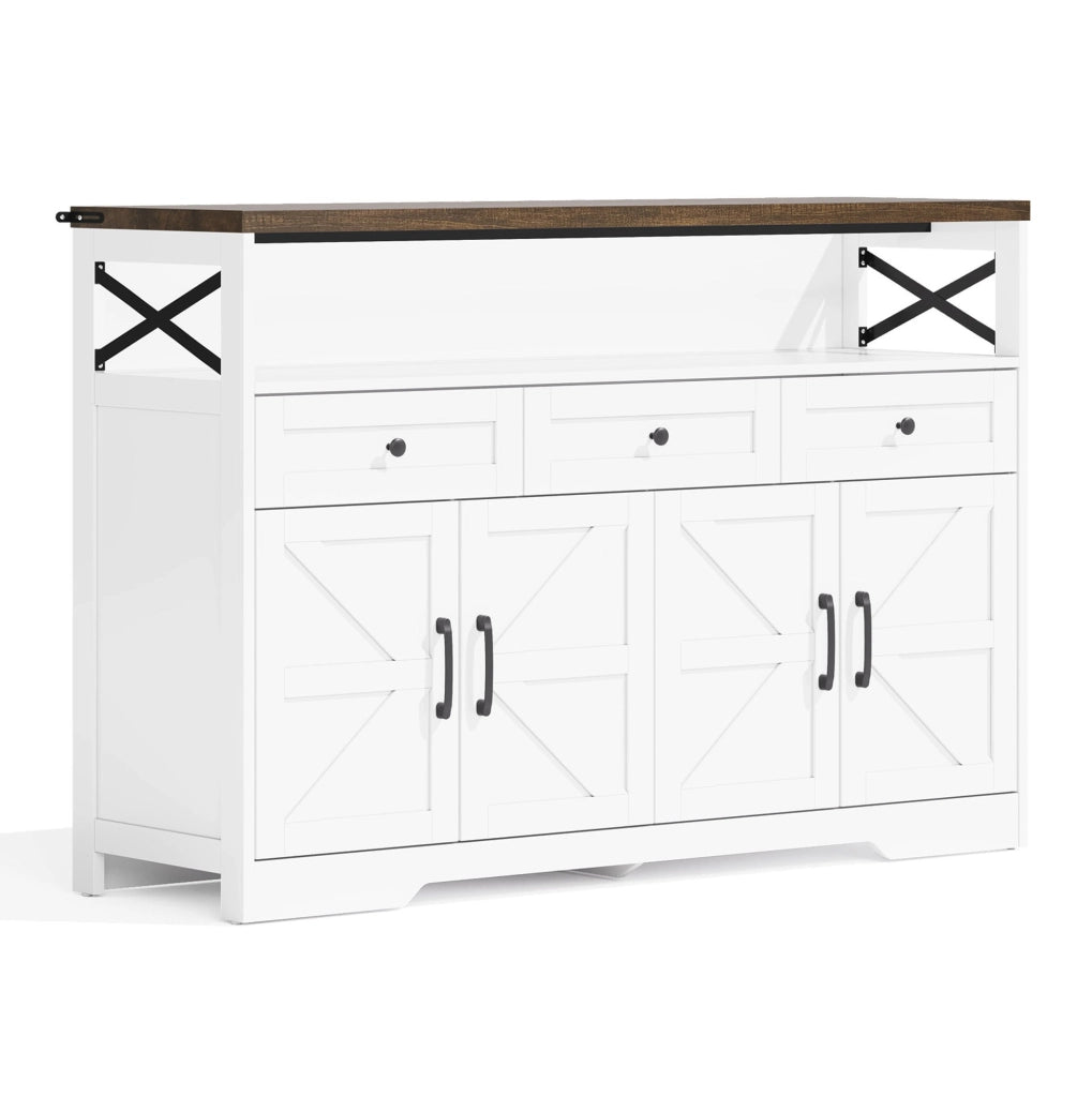 Buffet 140 cm in stile rustico con 3 cassetti, ante e ripiani in MDF bianco e marrone