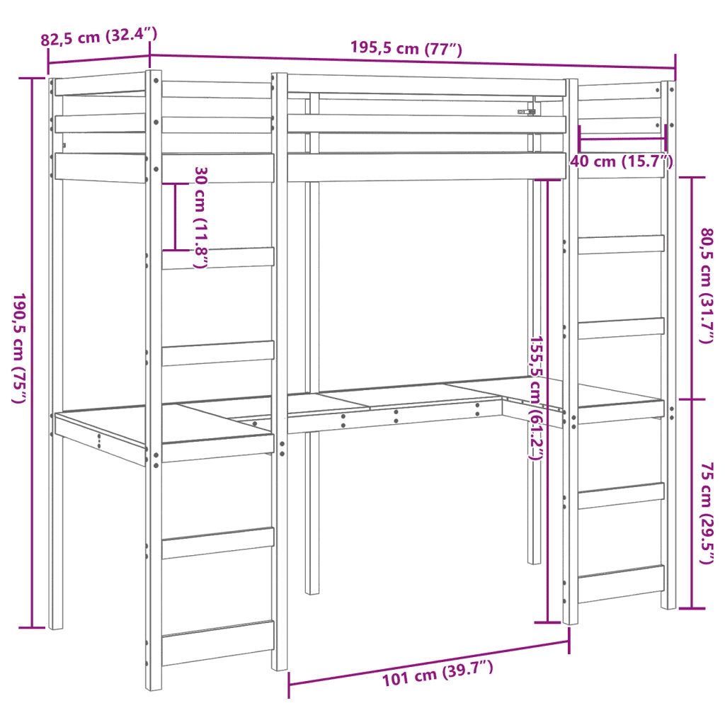 Letto singolo | Letto per adulti | Giroletto Soppalco senza Materasso Marrone Cera 75x190cm Pino