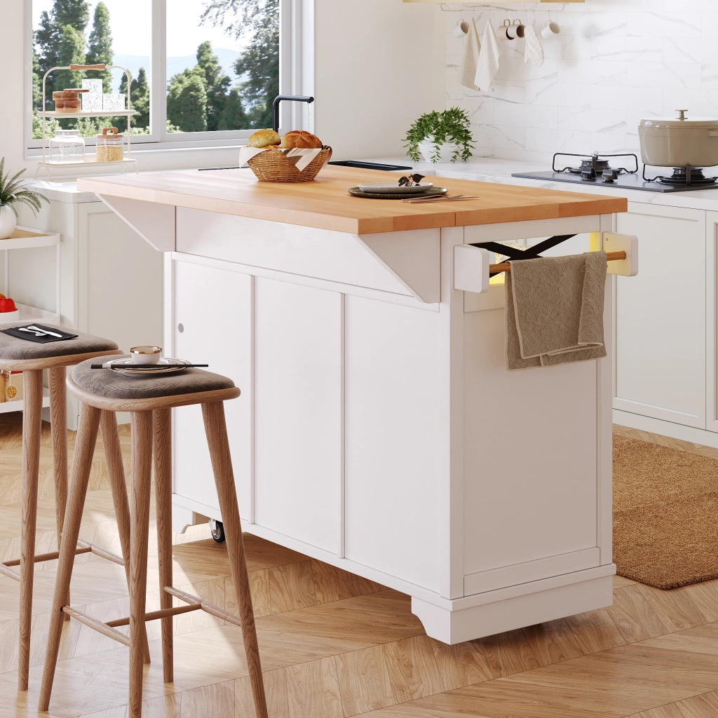 Carrello da Cucina con Piano Pieghevole; LED controllata tramite Applicazione e Ripiani Regolabili; in MDF; Bianco