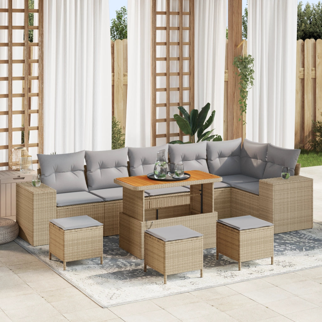 Set di Divani da Giardino in Polyrattan Beige 10 pezzi con Cuscini di