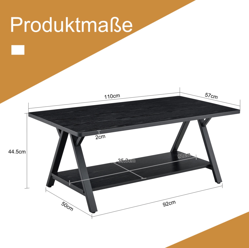 Tavolino da caffè industriale con ripiano; MDF e metallo nero; 110x57x44;5 cm