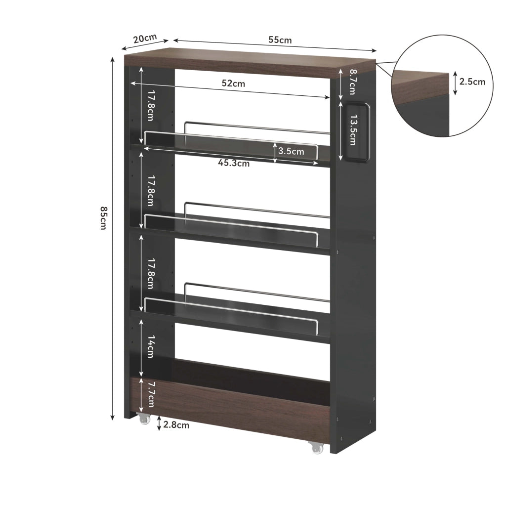 Carrello contenitore 20 cm nero marrone in MDF - 4 ripiani regolabili
