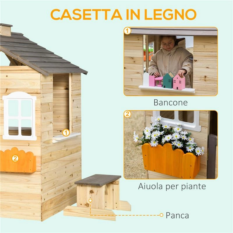 CASETTA BIMBI 3-7 ANNI A 2 FINESTRE CON PORTAVASI E PANCHINA, IN LEGNO DI ABETE E PP, 113LX94X134.5 CM