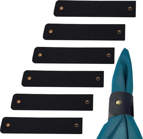 Set di anelli di tovagliato in pelle nera rustica - Decorazioni per cena di Natale e San Valentino.