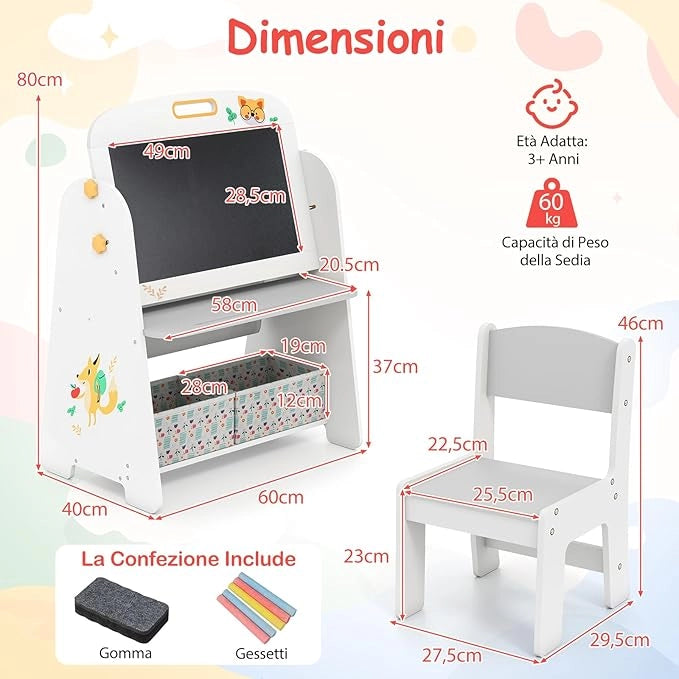 Set Tavolo e Sedia per Bambini, Lavagnetta Cancellabile Bambini con Sedia, Scaffale, 2 Contenitori in Tessuto, Gomma e Gessetti, Ideale per Disegno (Grigio)