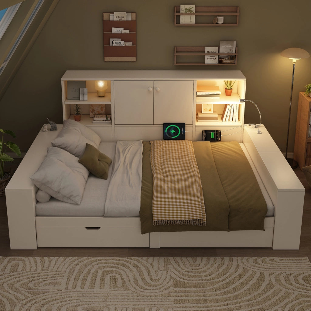 Letto matrimoniale 140x200 cm con cassetti e vano contenitore; bianco; in MDF e compensato