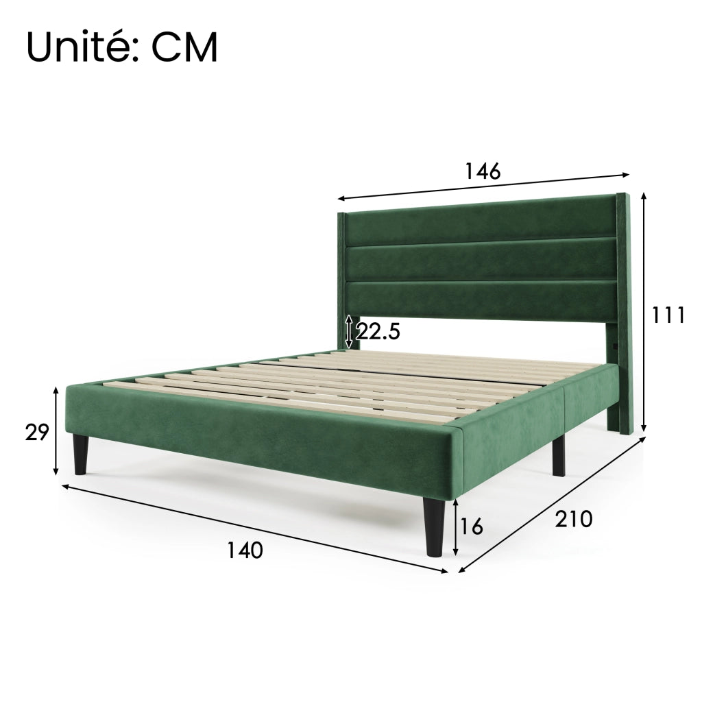 Letto Matrimoniale 140 x 200 cm con Testiera Imbottita; senza Materasso; in Velluto; Verde Scuro