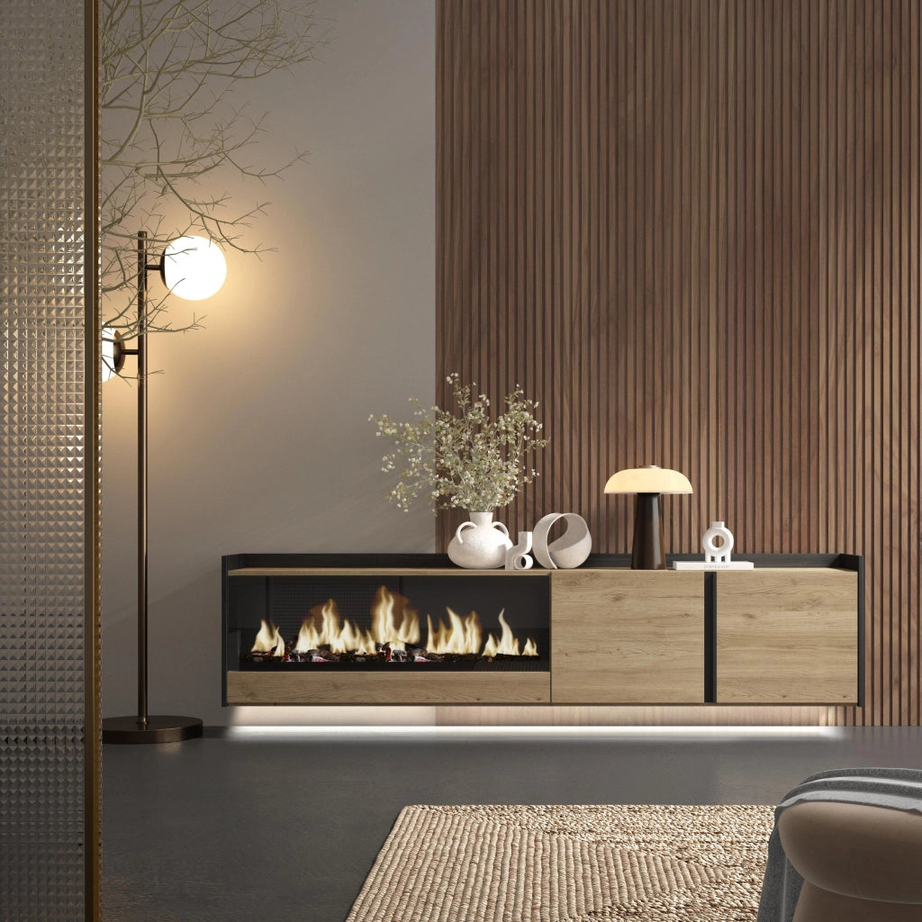 Mobile TV Soggiorno, 212x50x35 cm, Per TV fino a 80", Camino elettrico XXL, Sospeso, da appendere, LED, Rovere e nero