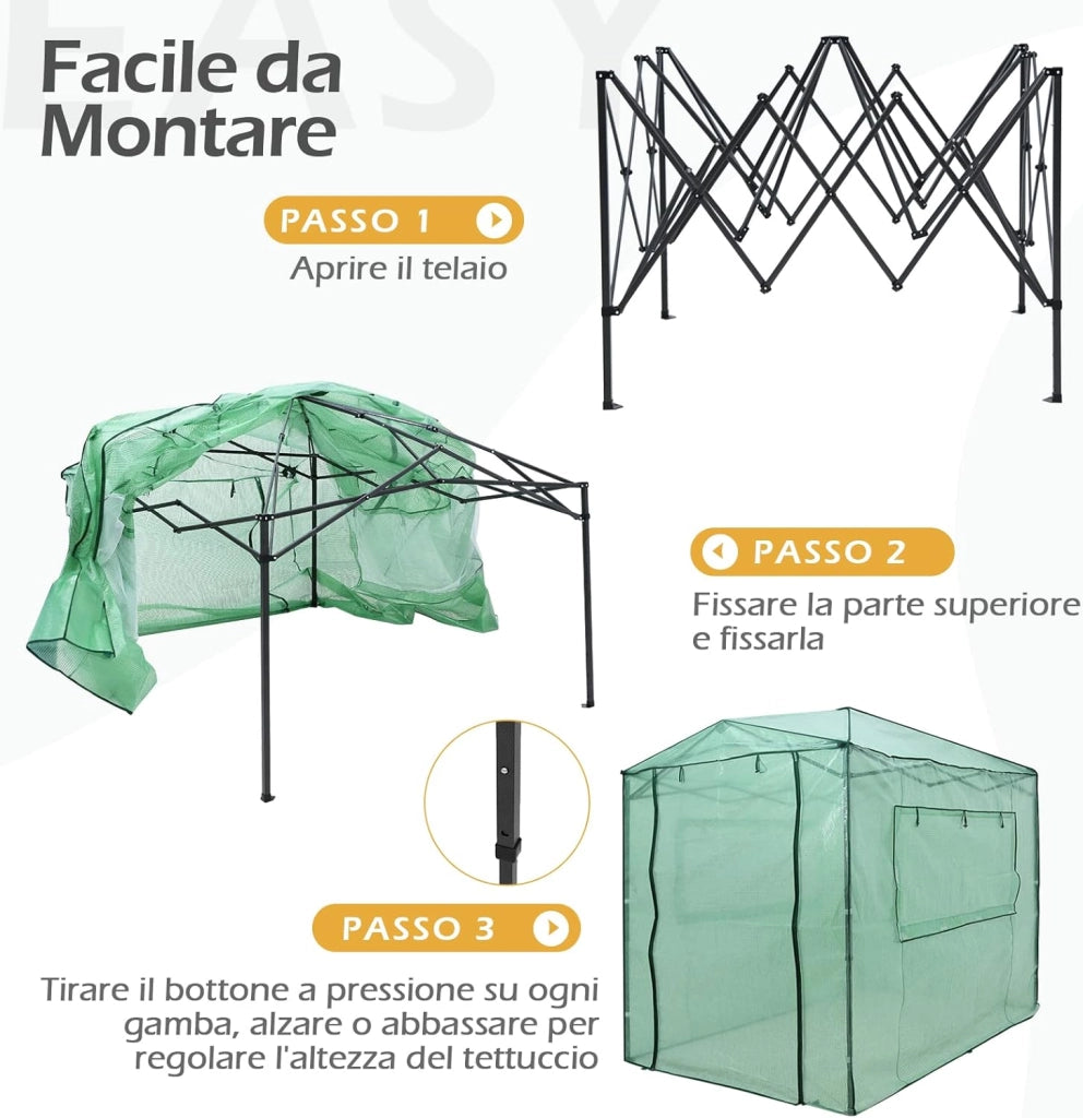 Serra per da Giardino 180 x 250 x 230 cm, Serra per Orto e Piante con Telaio Robusto, 2 Finestre Grandi e 2 Porte Arrotolabili con Doppia Cerniera, Serra da Eterno Pieghevole