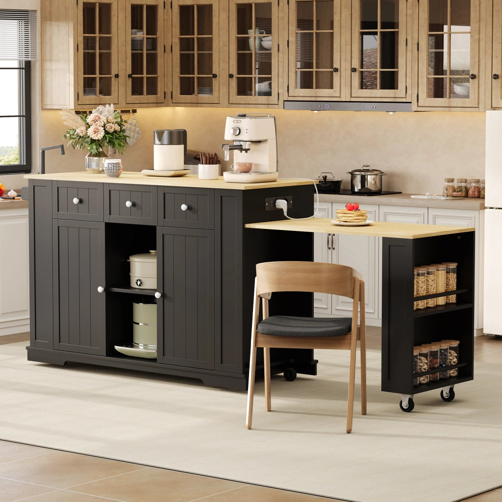 Isola cucina mobile con tavolo estraibile, prese AC e USB, 2 ante, 2 cassetti, 138(213)x55x93 cm