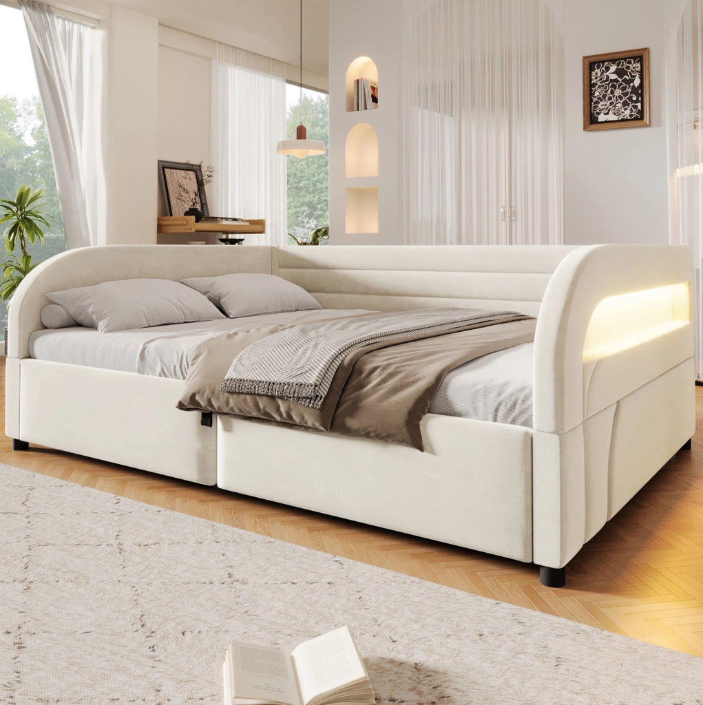 Letto imbottito 140x200 cm con contenitore idraulico e LED RGB in flanella beige