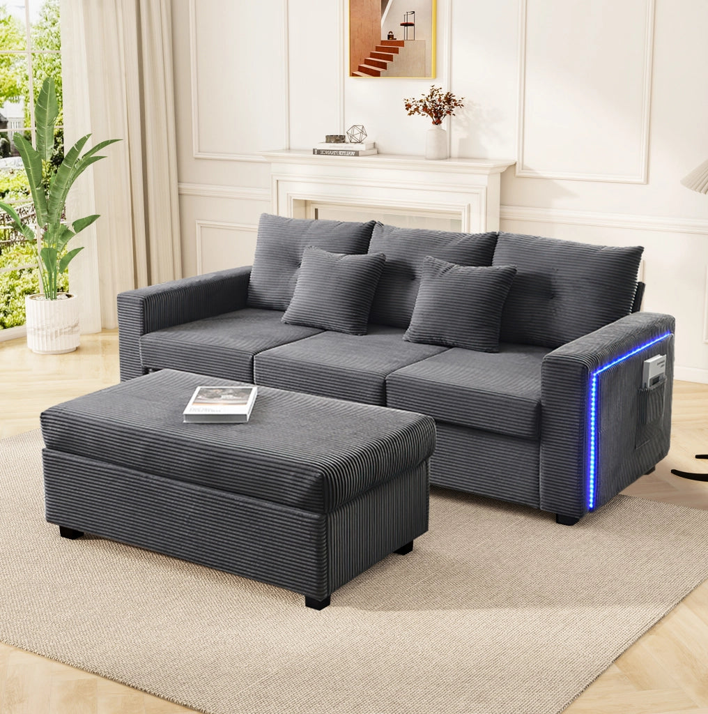 Divano modulare ULEVR a L 3 posti con pouf removibile, LED controllati da app e 5 cuscini, grigio antico